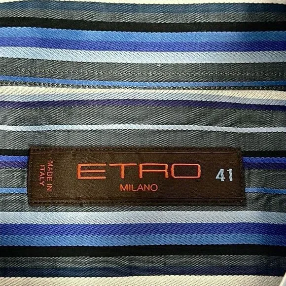 ETRO Milano Casual Button Up Shirt Cotton Blue Gray Striped Italy size 41 US 16 - Picture 11 of 12